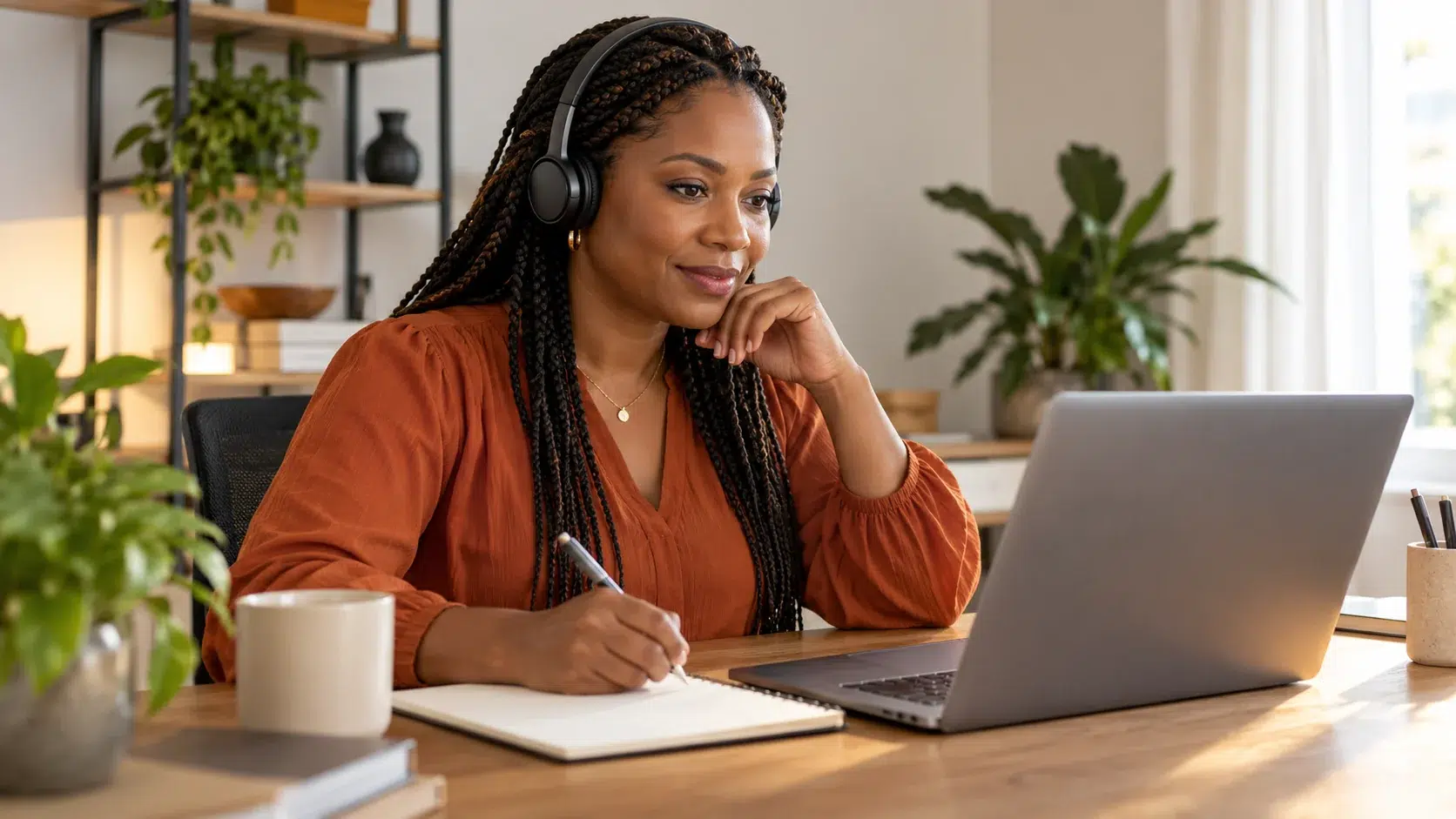 Une professionnelle suit une formation en ligne à distance depuis son ordinateur portable