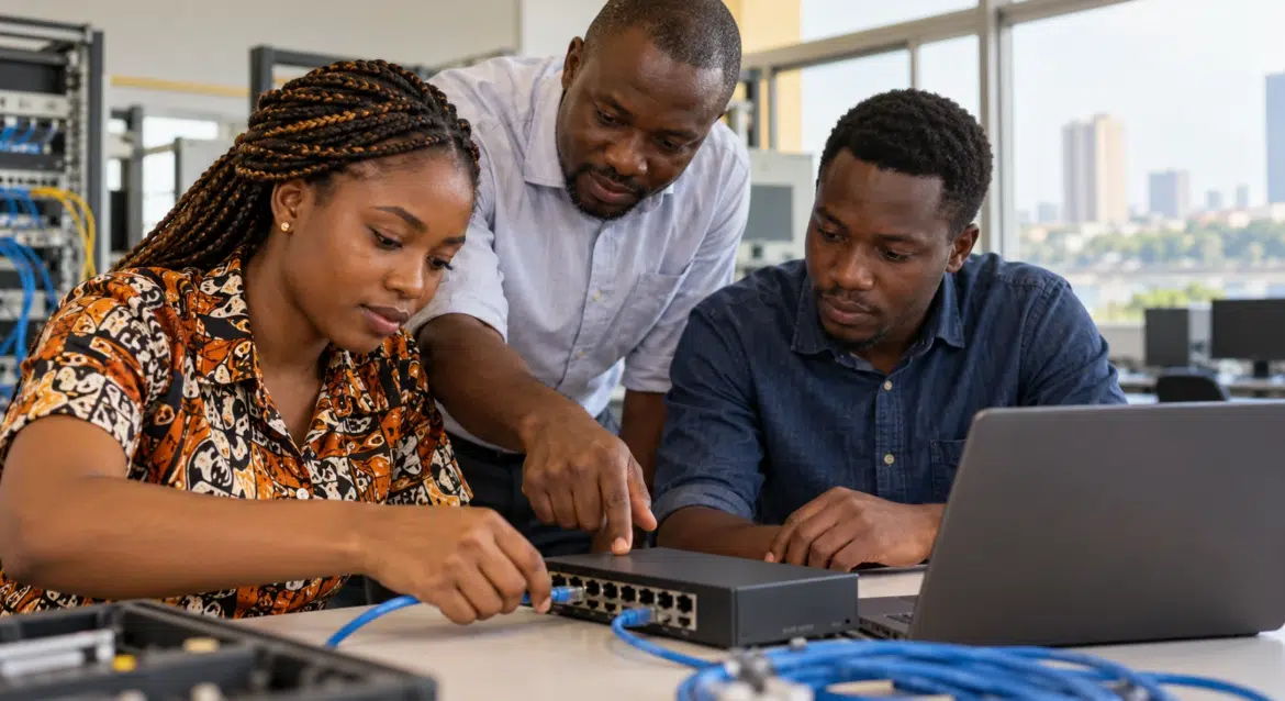 Trois professionnels en formation pratique sur les réseaux informatiques en Côte d'Ivoire